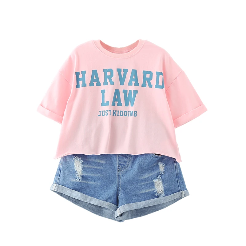 

Hugme2019 summer brand children's clothing new 6-12 years old fashion letter printing two-piece girl denim shorts suit wholesale