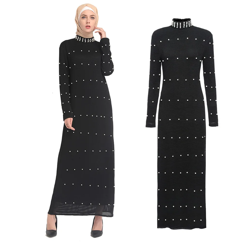 

Elegant Fashion Dress Muslim Maxi Dress Long Sleeve Knit with Pearl for Muslim Women, Black