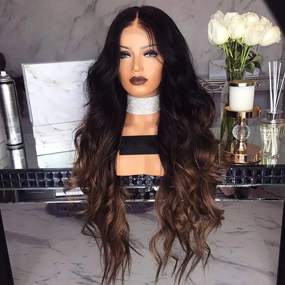 Synthetic hair black to brown ombre color wig for Women Balayage Babylights long curly cosplay wig