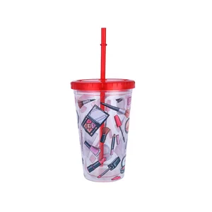 Image of Wholesale Summer Double Wall Plastic Juice Cup Reusable Clear Custom Request Cartoon Straw Coffee Cup For Kids