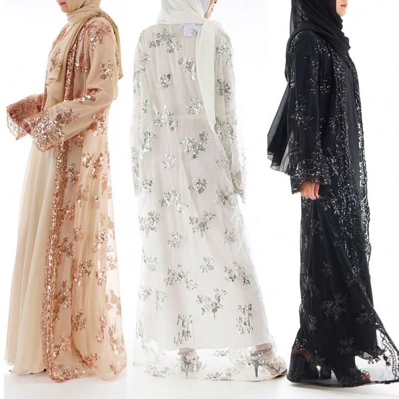 

Exquisite Embroidered Sequined Floral Fancy Long Shirt Abaya Robe, 3 colors