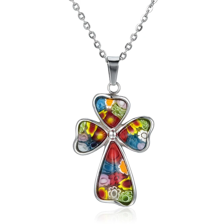 

100% Original Factory Made Wholesale Price Murano Glass Cross Pendant Necklace Stainless steel Jewelry, Colorful
