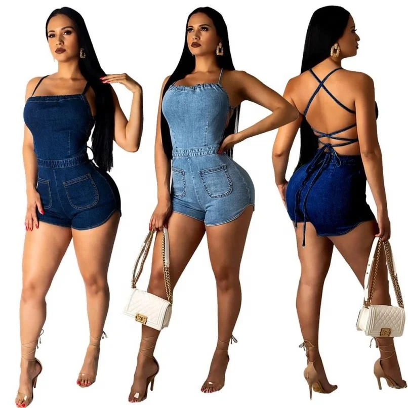 

2019 Summer bind open back denim women jumpsuits and rompers, N/a