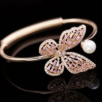 

Fashionable Hollow Sparkling Zircon Bracelet Pearl Butterfly Open Adjustable Cuff Bangle For Women