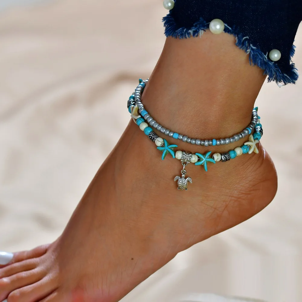 

European and American beach pendant starfish pearl retro turtle ankle chain