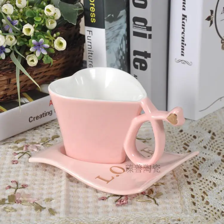 

White Blue Pink Heart Ceramic Mug With Plate Saucer For Valentine's Day present