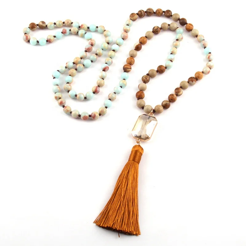 

Women Costume Multi Stone Knotted Crystal Link Tassel Pendant Necklace Yoga Necklace 108 Beads Mala Necklace