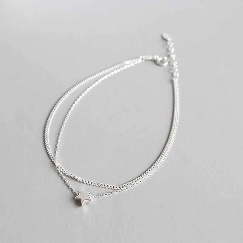

Korean student girl summer body jewelry Pentagram Star 925 sterling silver Double layered anklet