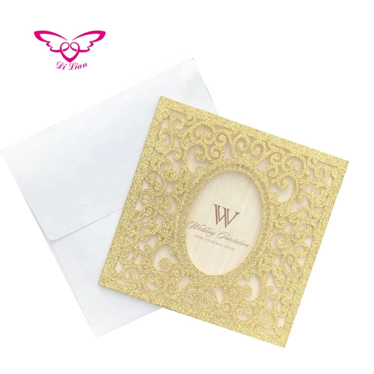 
Laser Cut Gold Glitter Paper Wedding Invitation Card 