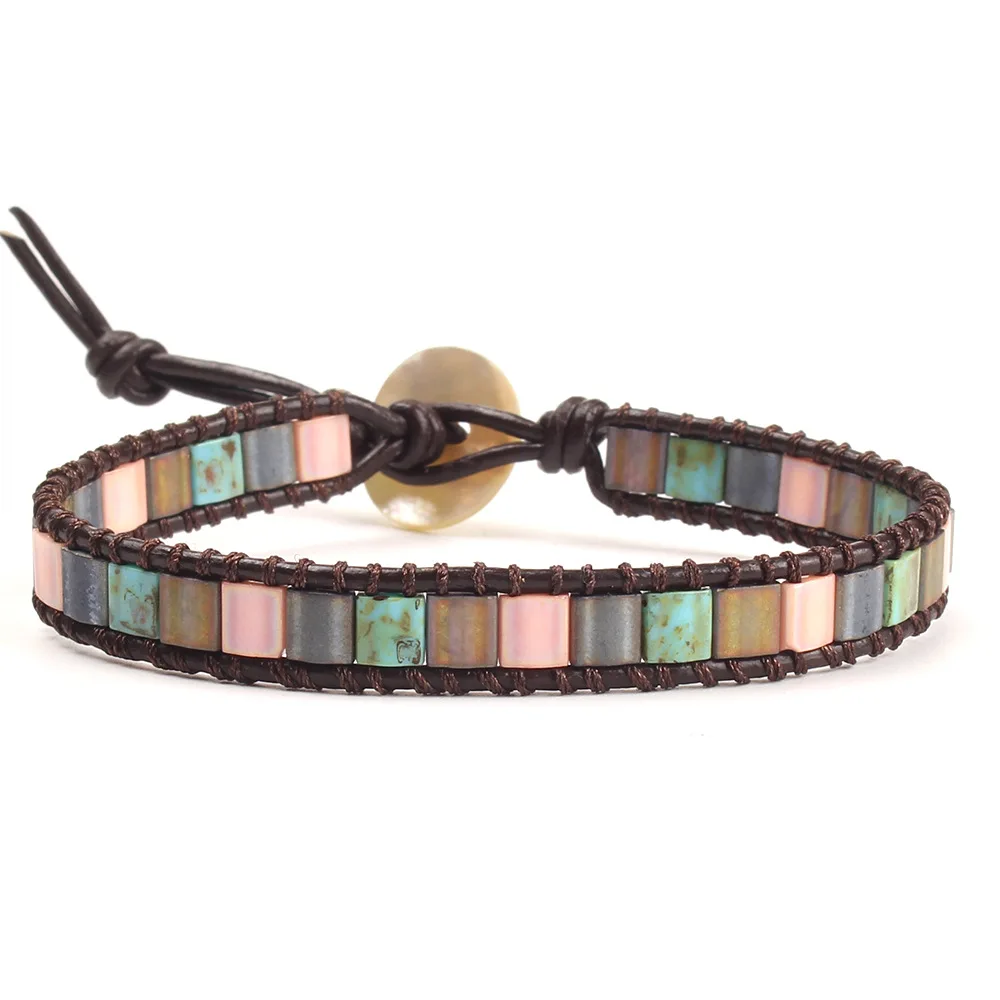

European fashion leather hand made tila beads bracelet jewelry woven bracelet for men, Mix