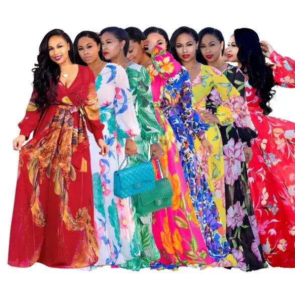 

Women long sleeve casual chiffon printed pong maxi wrap dresses