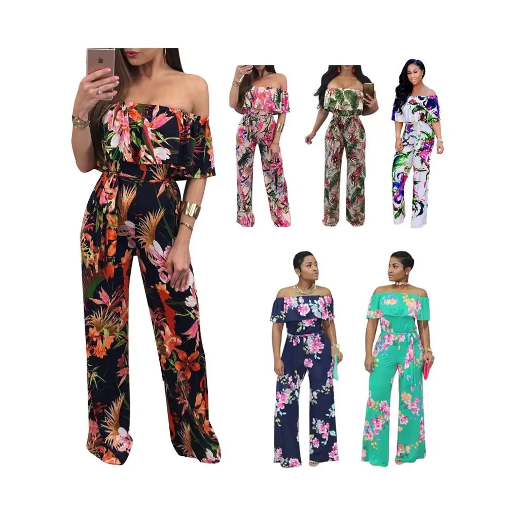 

SAYM8138 wholesale summer vacation wear floral print wide leg pants off the shoulder sexy women beach jumpsuit, As pictures showed