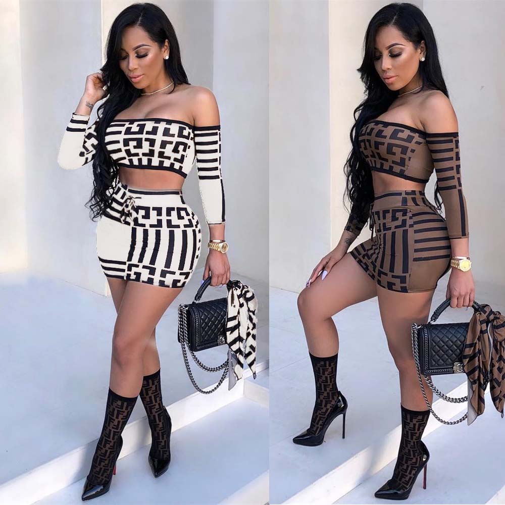 

low price print pattern 2 piece off shoulder crop top mini skirt set, White, brown,yellow