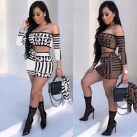

low price print pattern 2 piece off shoulder crop top mini skirt set