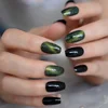 Black UV Gel Ballerina Fake Nails Medium Galaxy Green Glitter Cat Eyes Designed Acrylic Nail Art Tips with Gluetabs 24