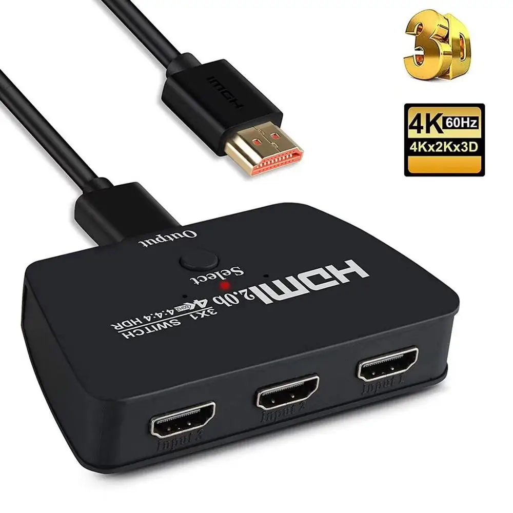 4K 2.0b HDMI Switch 3x1 3 Port 3 in 1 out 4K HDMI Switcher HDR with Pigtail HDMI cable