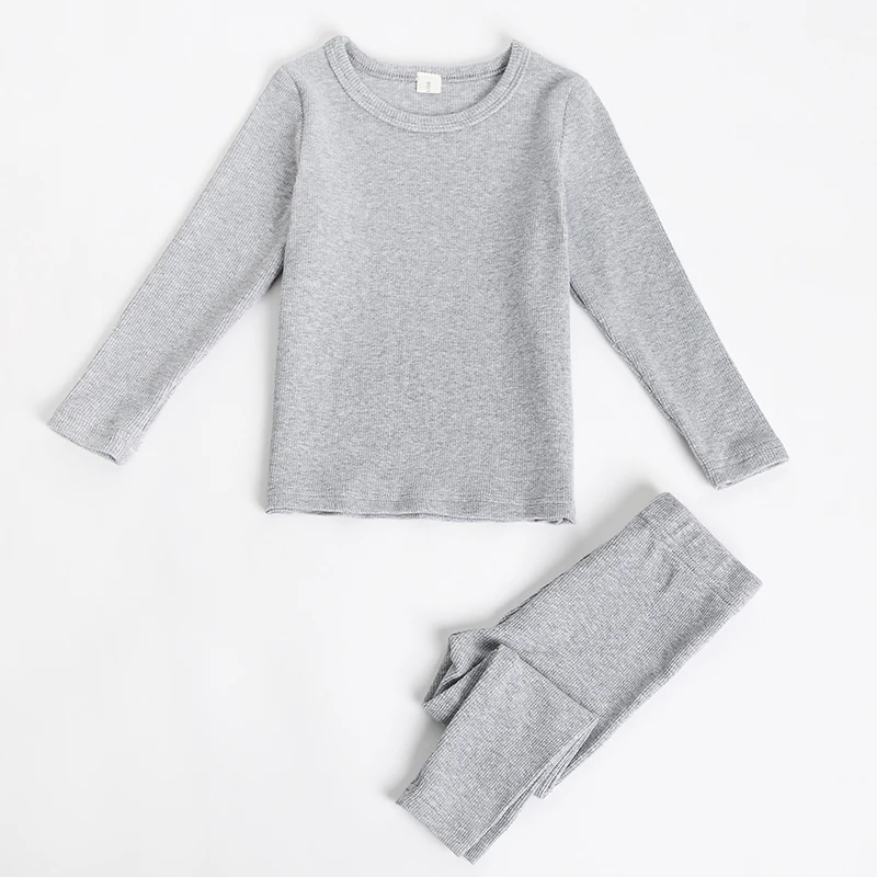 
children pajamas kids plain color ribbed cotton pajamas sets girls boys long sleeves sleepwear 