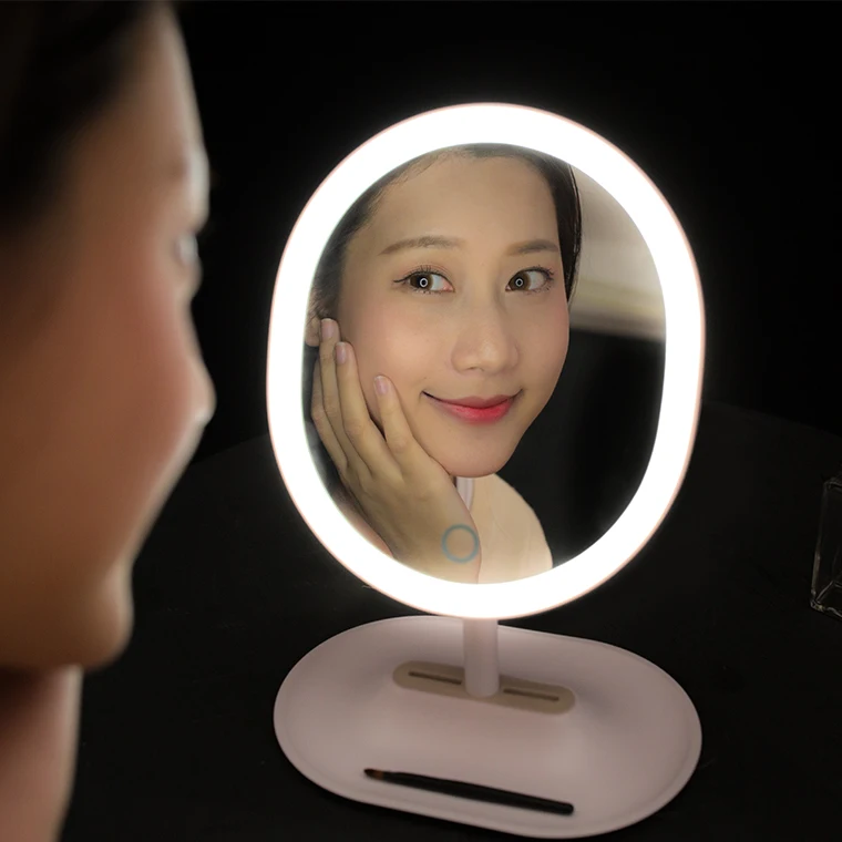 

Table Vanity Touch Sensor Switch Single Sides Oval Shaped Soft Led Lights Portable Dressing Table Mirror