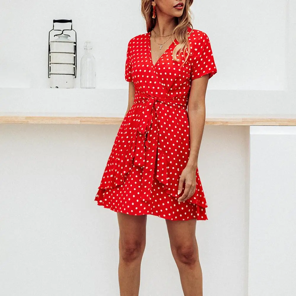 

2019 Fashion Summer V-neck Dot Printing Dress