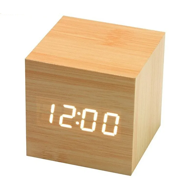 

KH-WC001 Wooden LED Alarm Clock With Thermometer Temp Date LED Display Calendars Electronic Digital Wooden Table Clock For Gifts