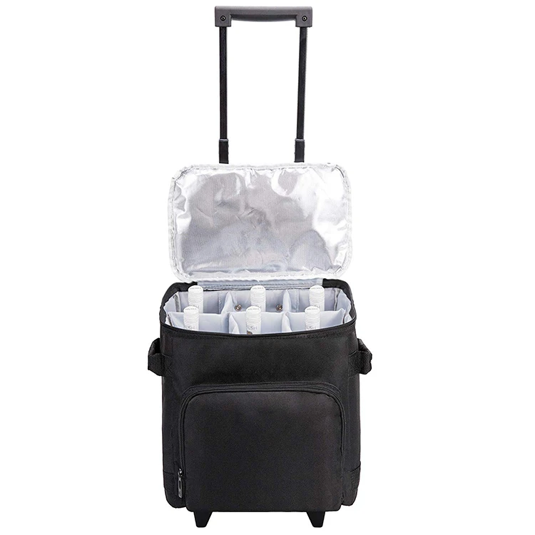

Insulated Cooler 6 Bottle Wine Cooler Bag Picnic Trolley Cooler Bag with Wheels, Black