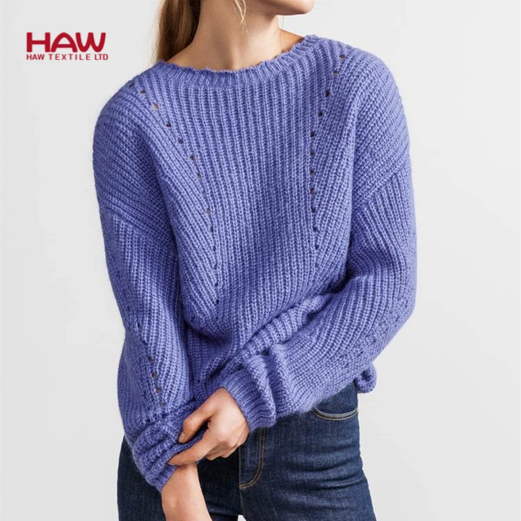 
Pointelle Round Collar Wool Women Full Length Sweater 