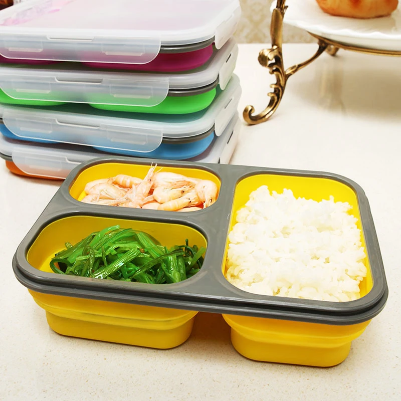 
BPA Free Food Grade Leakproof Silicone Collapsible 3 Compartment Bento Lunch Box Folding Silicone Food Container 