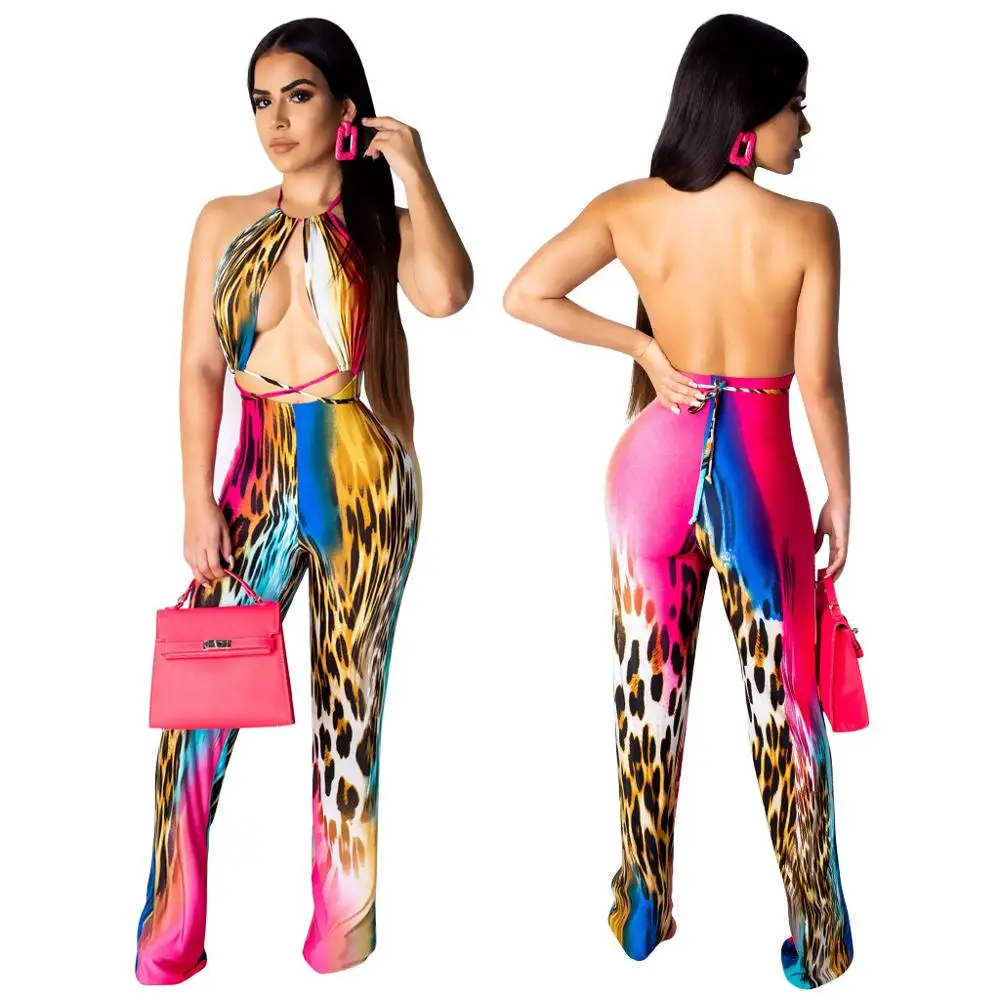 

2019 summer new women print nightclub sexy bandage jumpsuit XM059