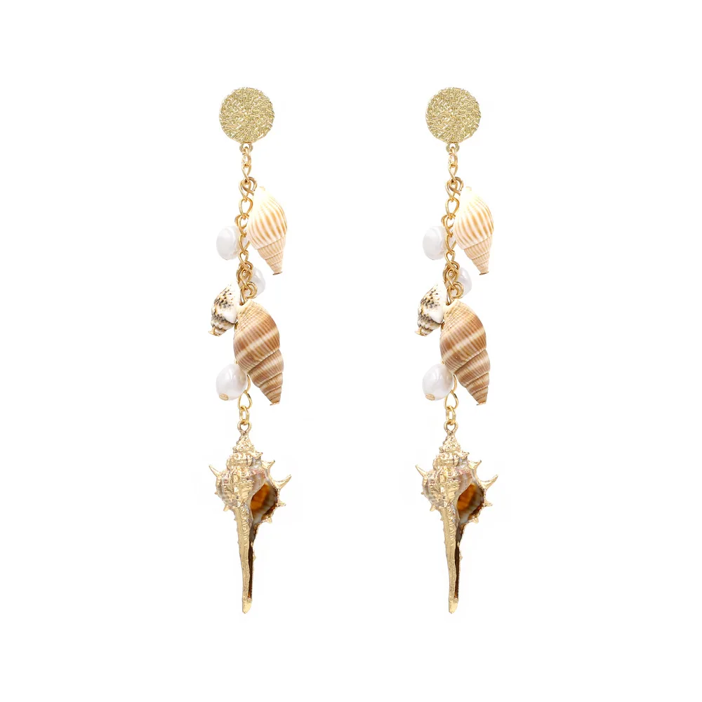 

Summer Bohemian 4 Conches Gold Chain Long Dangle Earring Pearl Conch Shell Tassel Earrings