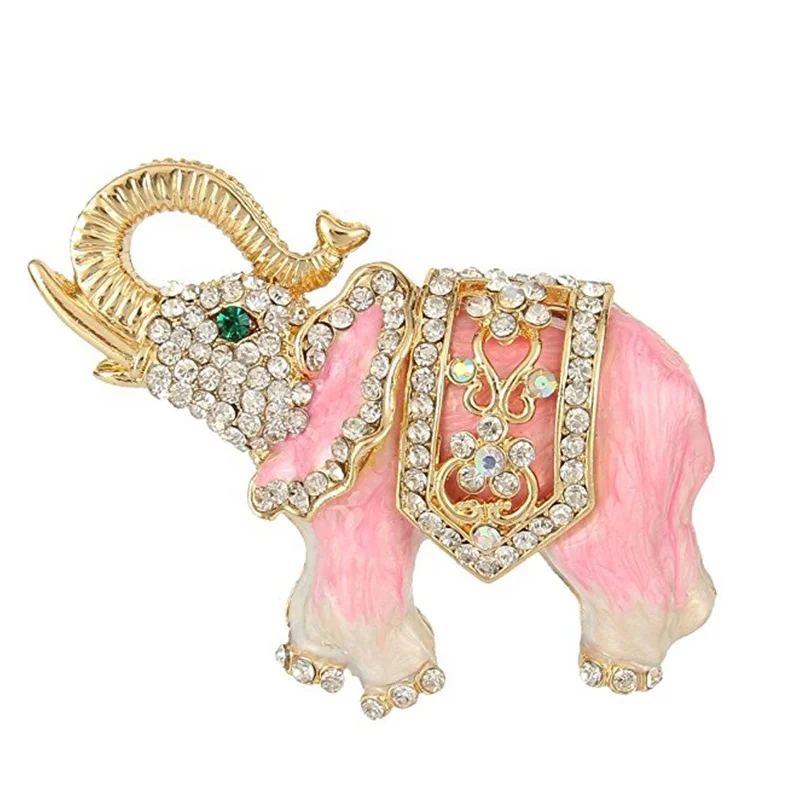 

Austrian Crystal Gold Tone Pink Pearl Enamel Elephant Brooch