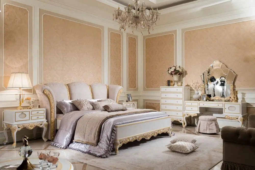 
0066 European white and gold bedroom set, delicate wood carved bed 