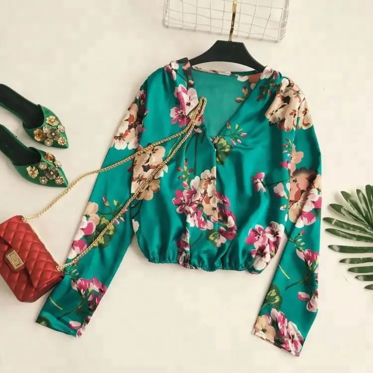 

lady new style satin fabric deep V floral blouse top