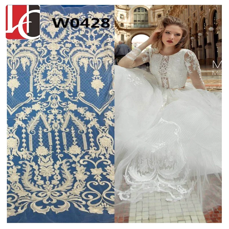 

HC-0001 Hechun hot selling luxury embroidery lace fabric for bridal dress, Ivory;white;black