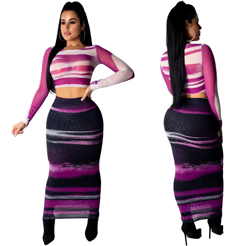 

YQ372 Women fashion mesh striped long sleeve crop top and long skirt set, As shown