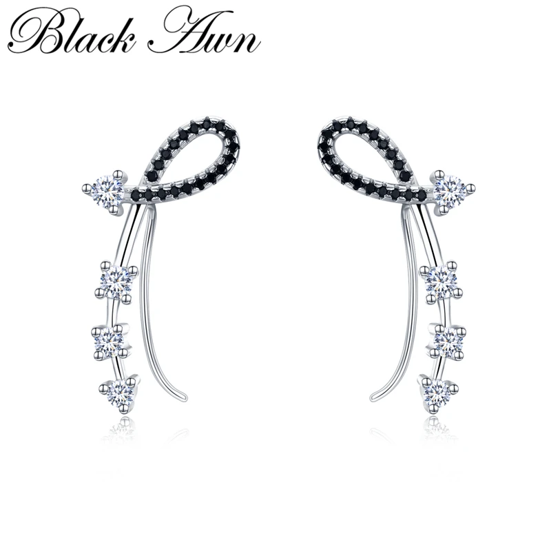 

[BLACK AWN] Pure Sterling Silver 925 Jewelry Black Spinel Engagement Drop Earrings for Women Sterling Silver Jewelry I035