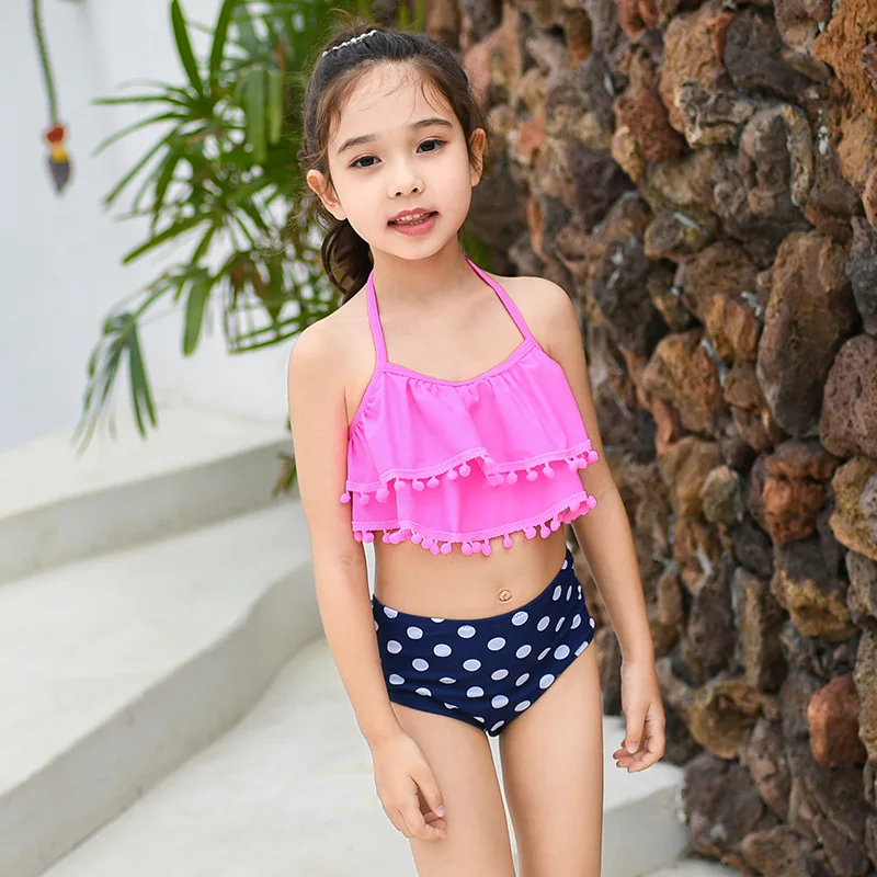 

Free Shipping Hot sale Girls cute swimsuit two piece kids wave point bathing suit girls baby Tassels swimming wear