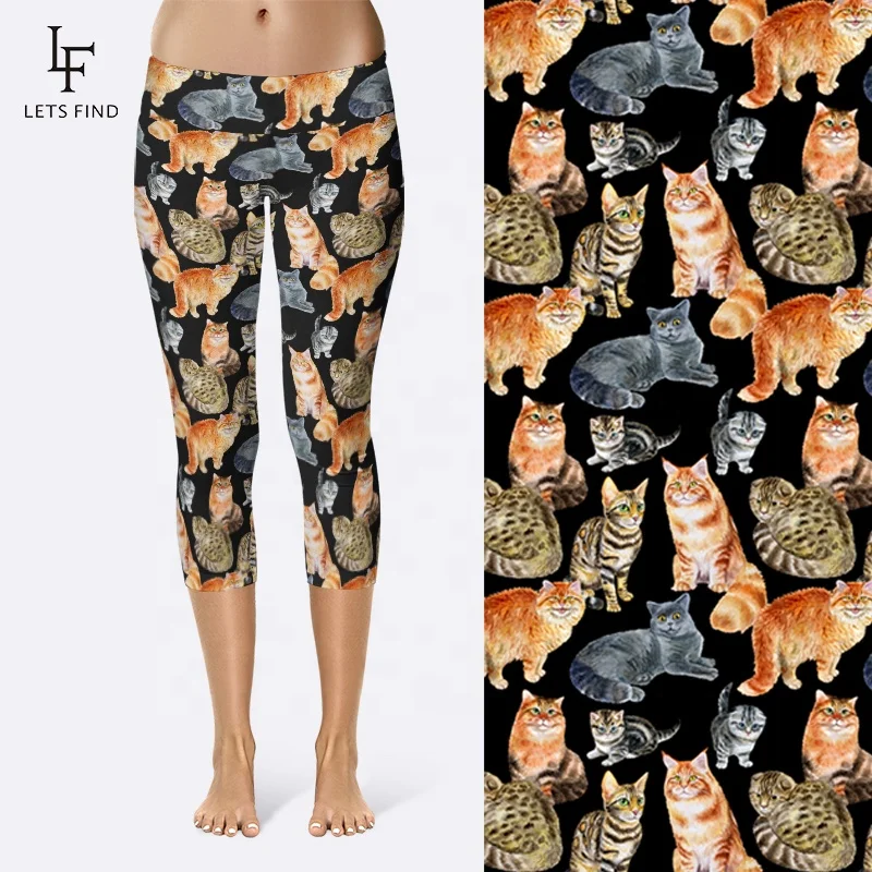 

High waist capri leggings custom cat printed yoga pants 230gsm double side brushed milk silk 92% polyester 8% spandex