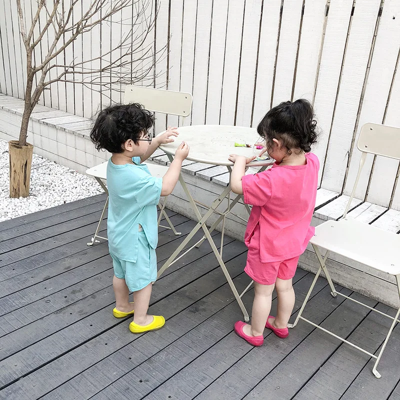 2019   solid color sets for kids   home wear   short sleeves t-shirt and shorts suit  100% cotton