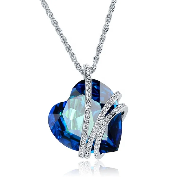 

2021 trendy fashion necklace gold plated big pendant blue glass crystal love heart necklace for women