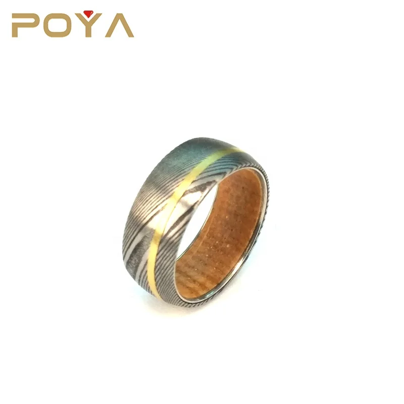 

POYA Jewelry 8mm Dome High Quality Damascus Steel Ring for Man Whiskey Barrel Wood and Copper Inlay Ring