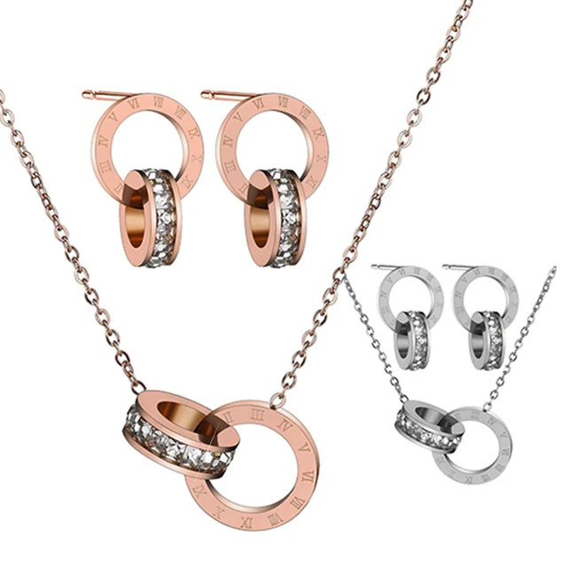 

High Quality Rose Gold Lucky Rome Digital Clavicle Stainless Steel Jewelry set Double Rings Pendant Necklace