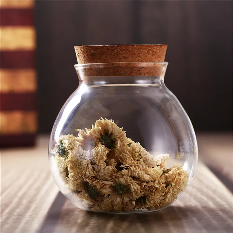 

wholesale OEM 500ml round glass jar for food storage with wooden cork lid, Transparent