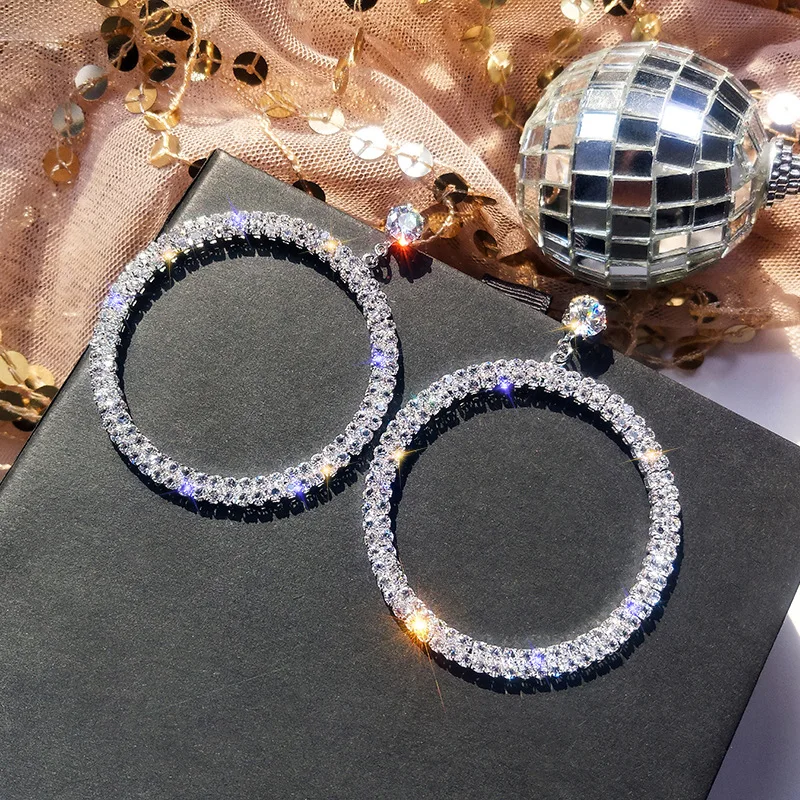Korean fashion two row crystal hoop dangle drop earrings big large crystal rhinestone hoop earrings women party gift jewelry