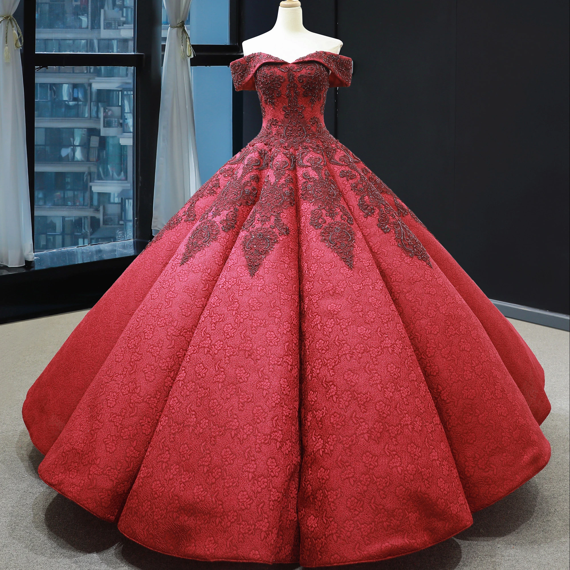 

Jancember RSM66859 red applique pattern quinceanera dresses ball gown dresses women off shoulder evening gown