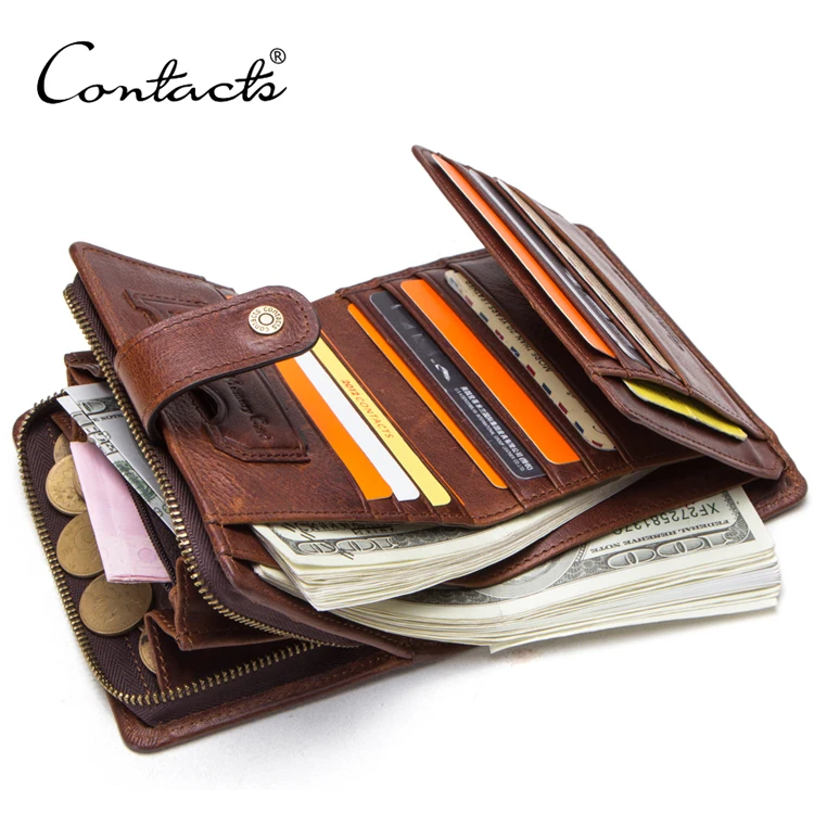 

contact's dropship wholesale fashion crazy horse leather anti-theft hasp zip closure rfid blocking leather folding men's wallet, Black brown coffee
