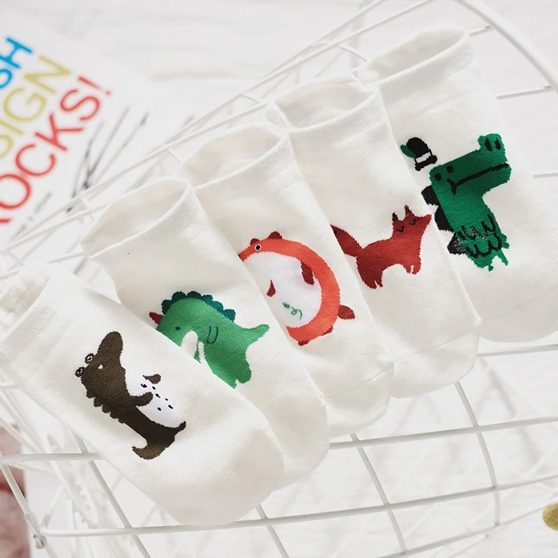 

Newest Cute Cartoon Animals Crocodile Dinosaur Fox Cotton Women Ankle White Tube Socks, As pic