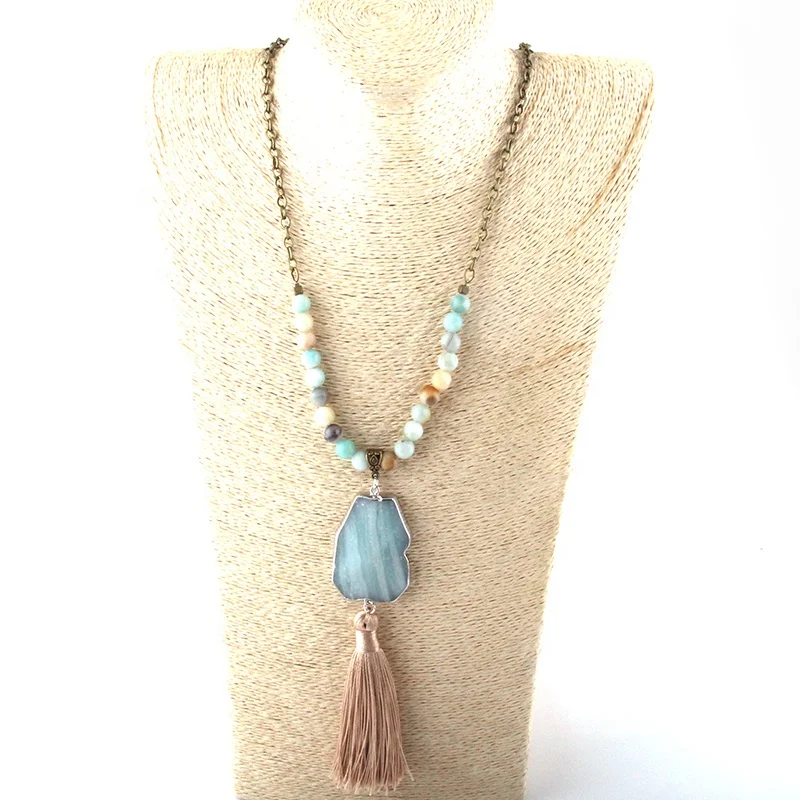 

Women Statement Lady Summer Necklace Thread Tassel Bronze Chain Necklace Amazonite Stone Drop Pendant Necklace