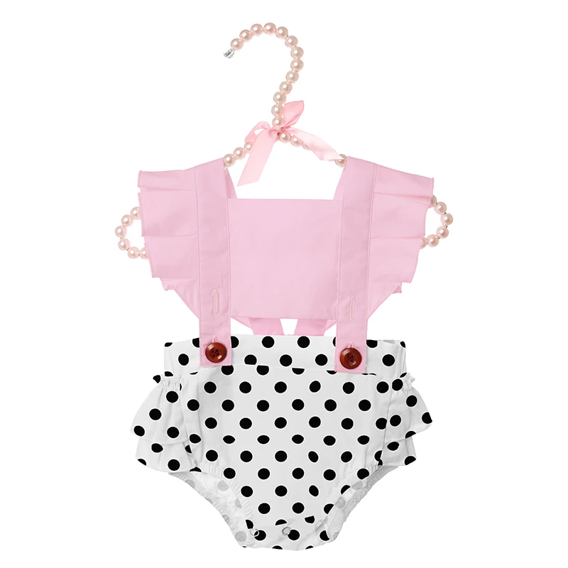 

Short Sleeves Pink Solid Color Woven Fabric with Dot Printed Girl Rompers