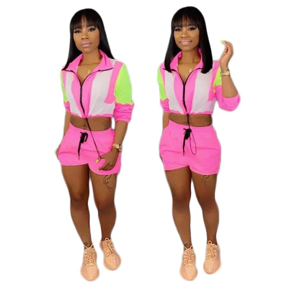 Pink Women Color Block 2 Piece Crop Top And Short Pant Set