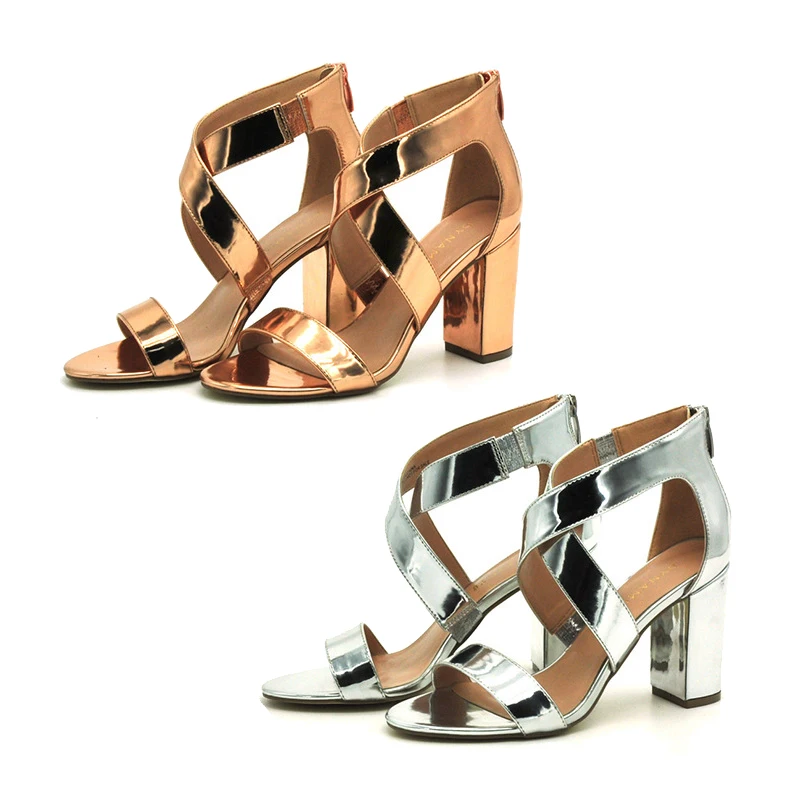 

Metallic Rose Gold Silver Ladies Summer Shoes Block Chunky High Heel Sandals